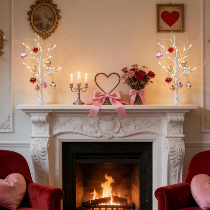 LED Birch Tree Table Lamp with Heart Ornaments | USB & Battery Powered Romantic Home Decor for Valentine’s Day