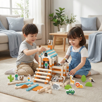 Montessori Wooden Building Blocks Playset with Natural Eco-Friendly Wood | Creative Indoor Learning Toy for Kids 3+