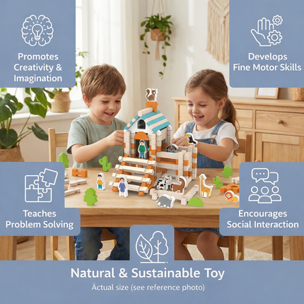 Montessori Wooden Building Blocks Playset with Natural Eco-Friendly Wood | Creative Indoor Learning Toy for Kids 3+