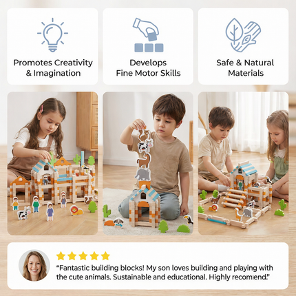 Montessori Wooden Building Blocks Playset with Natural Eco-Friendly Wood | Creative Indoor Learning Toy for Kids 3+