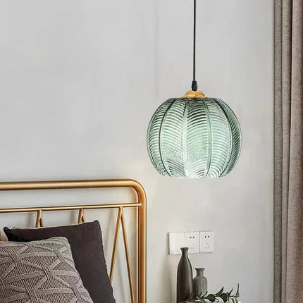 Pumpkin Ribbed Glass Pendant Lamp with Vintage Texture | Elegant Green Hanging Light for Dining Rooms and Living Spaces