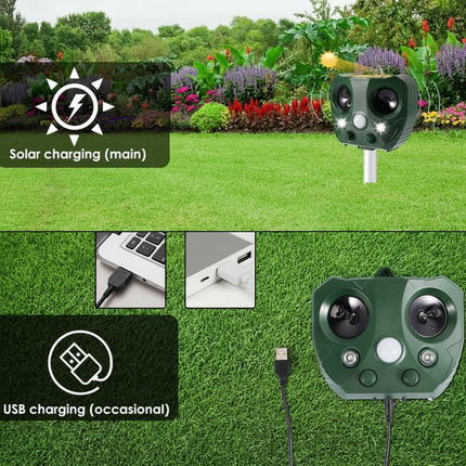 Ultrasonic Bird Repeller with Solar Power & LED Lights | Eco-Friendly Pest Control for Gardens and Outdoor Spaces