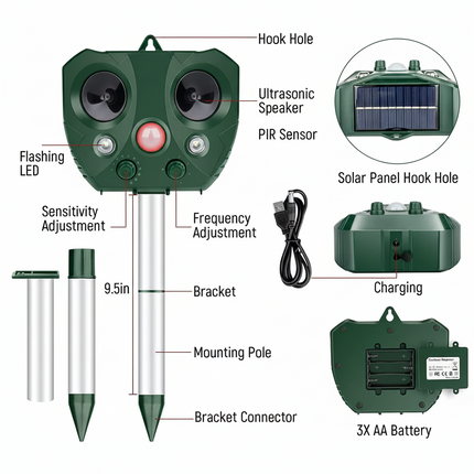Ultrasonic Bird Repeller with Solar Power & LED Lights | Eco-Friendly Pest Control for Gardens and Outdoor Spaces