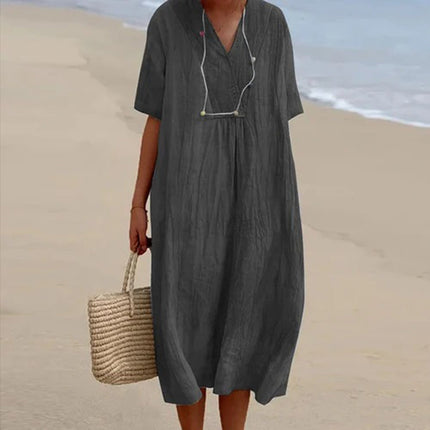 Summer Dresses for Women, Linen Midi Dress with V Neck and Short Sleeves – image 9
