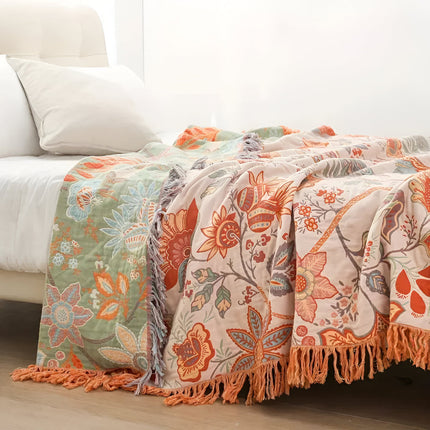 Floral Boho Blanket Throw with Fringe Trim | Cozy Layer for Living Room and Outdoor Use