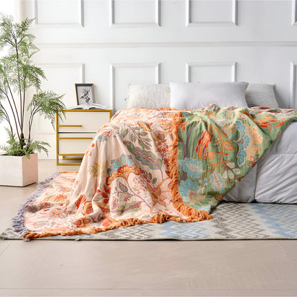 Floral Boho Blanket Throw with Fringe Trim | Cozy Layer for Living Room and Outdoor Use