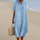 Summer Dresses for Women, Linen Midi Dress with V Neck and Short Sleeves, Sundress, Loose Casual Dress for Beach