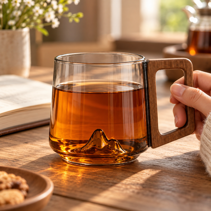 Glass Coffee Mug with Handle, Borosilicate Glass Mug with Mountain Design, Clear Tea Mug for Hot and Cold Drinks_04