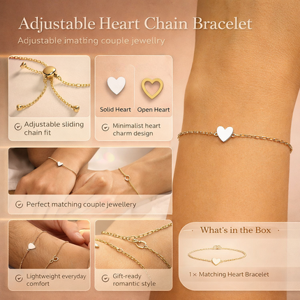 Adjustable Heart Chain Bracelet for Couples with Romantic Charm | Comfortable Jewelry Gift in Gold or Silver