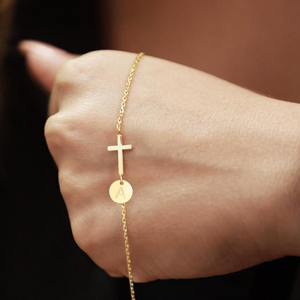 Personalized Cross Bracelet with Adjustable Chain & Initial Charm | Meaningful Gift for Mother’s Day and Special Occasions