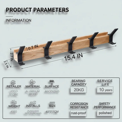 Wall Coat Rack with Adjustable Hooks in Scandinavian Style | Durable Wood Organizer for Entryway Storage