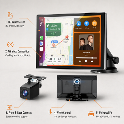 Wireless CarPlay and Android Auto Adapter with 22 cm Touchscreen Display | Seamless Connectivity for Smart Driving Experience