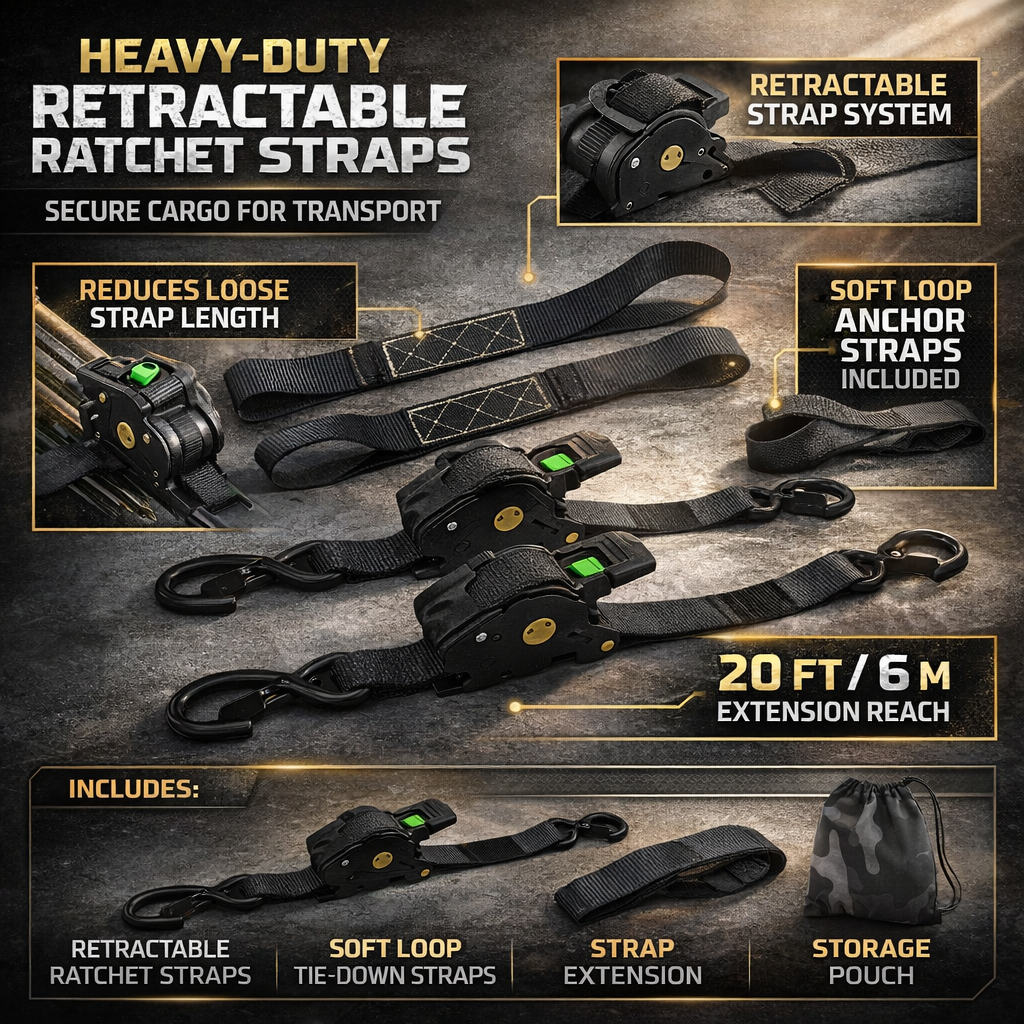Cargo Tie Down Straps | Retractable Heavy Duty Ratchet Set with Soft Loops | 20 ft Extension for Secure Transport 4