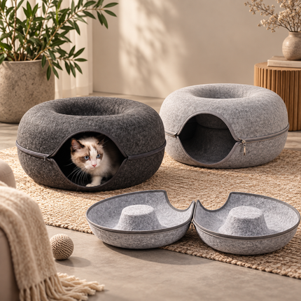 Cat Bed, Hooded Cat Cave with Removable Cover, Donut Cat Bed for Hiding and Sleeping_00