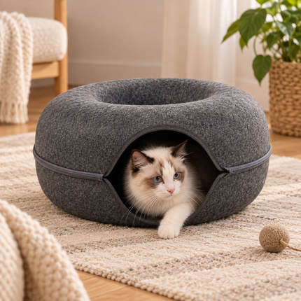 Cat Bed, Hooded Cat Cave with Removable Cover, Donut Cat Bed for Hiding and Sleeping_02