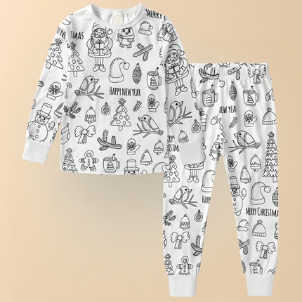 Kids Christmas Pajamas, Childrens Pajamas with Paintable Christmas Motifs, Christmas Pajama Set for Coloring