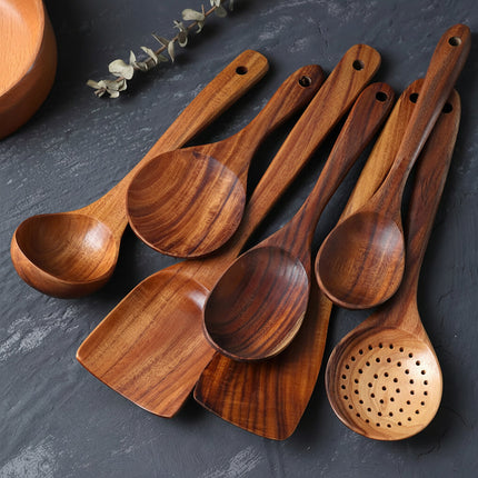 Wooden Cooking Utensils Set with Food Grade Finish | Non-Scratch Tools for Safe Cooking and Stylish Kitchen