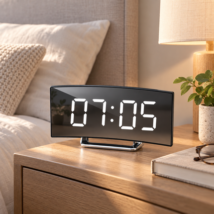 Digital Alarm Clock with Curved LED Mirror Display, Bedside Clock with Snooze, LED Digital Clock for Desk and Bedroom_01