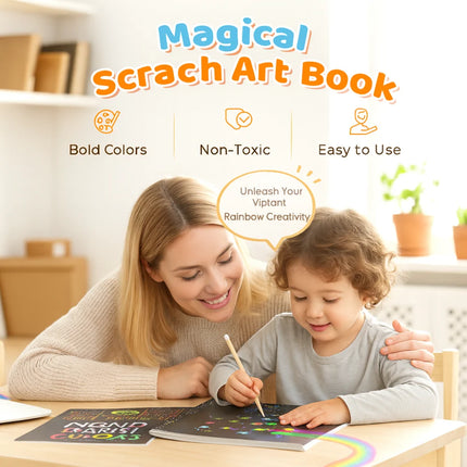 Rainbow Scratch Art Paper Set with Wooden Stylus | Creative Fun for Kids and Adults