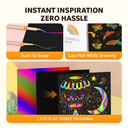 Rainbow Scratch Art Paper Set with Wooden Stylus | Creative Fun for Kids and Adults