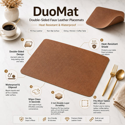 Double-Sided Faux Leather Placemats with Heat Resistance | Waterproof & Elegant Design for Dining Tables