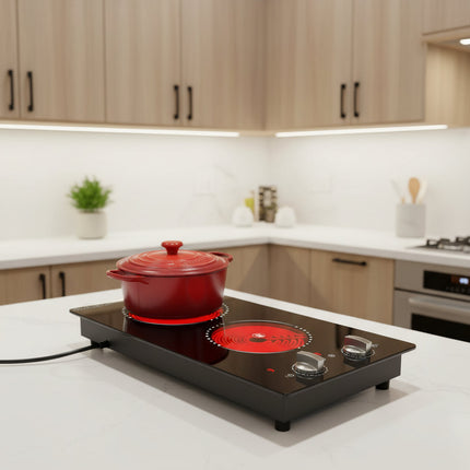 Dual Burner Electric Cooktop with Knob Control | Portable Kitchen Stove for Fast Heating in Small Spaces