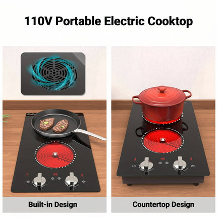 Dual Burner Electric Cooktop with Knob Control | Portable Kitchen Stove for Fast Heating in Small Spaces