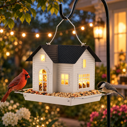 Hanging Bird Feeders, Solar Bird Feeder with Light, Metal Bird Feeder with Dual Seed Compartment, Garden Ornament_03