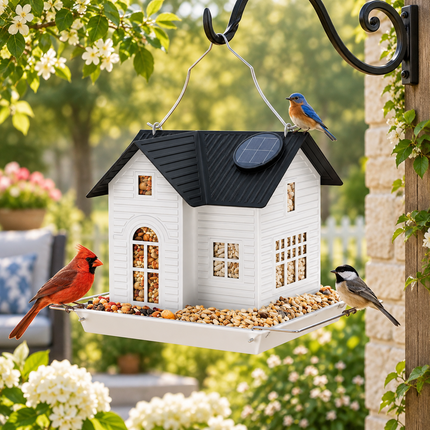 Hanging Bird Feeders, Solar Bird Feeder with Light, Metal Bird Feeder with Dual Seed Compartment, Garden Ornament_01