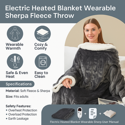 Heated Blanket Wearable with Sleeves and Foot Pockets, Electric Throw Blanket 6 Heat Levels, Heated Throw Blanket Sherpa_05