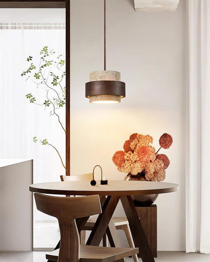 Elegant Pendant Lighting | Genuine Travertine Shade with Walnut Accent | Soft Ambient Glow for Luxurious Spaces 2