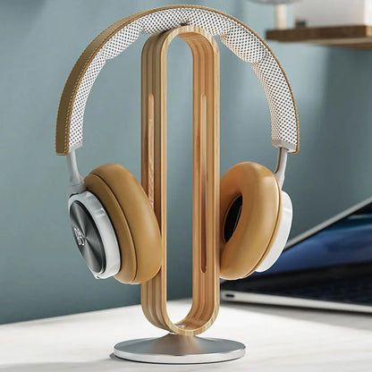 Elegant Wooden Headphone Stand with Metal Accents | Stylish Holder for Organized Desk Space 1