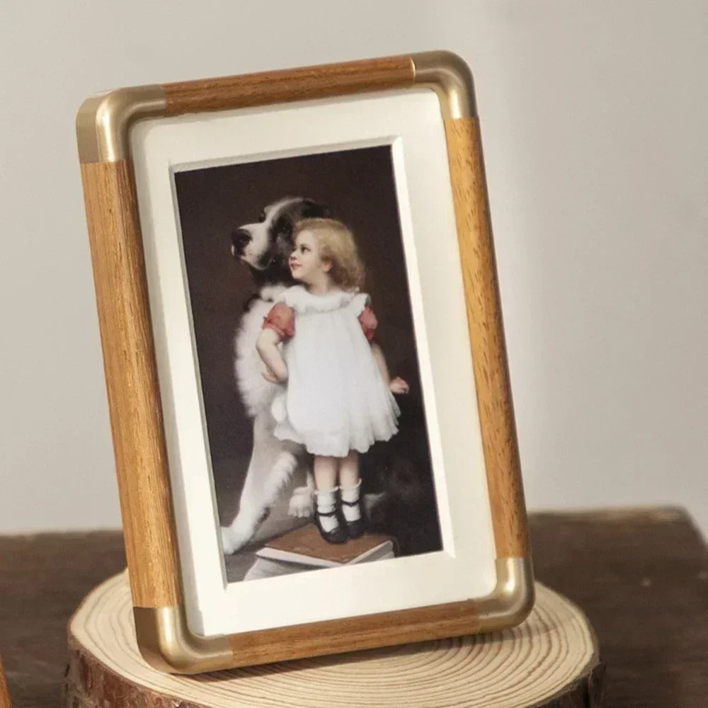 Elegant Wooden Photo Frame with Brass Accents | Vintage Design for Cherished Memories 0