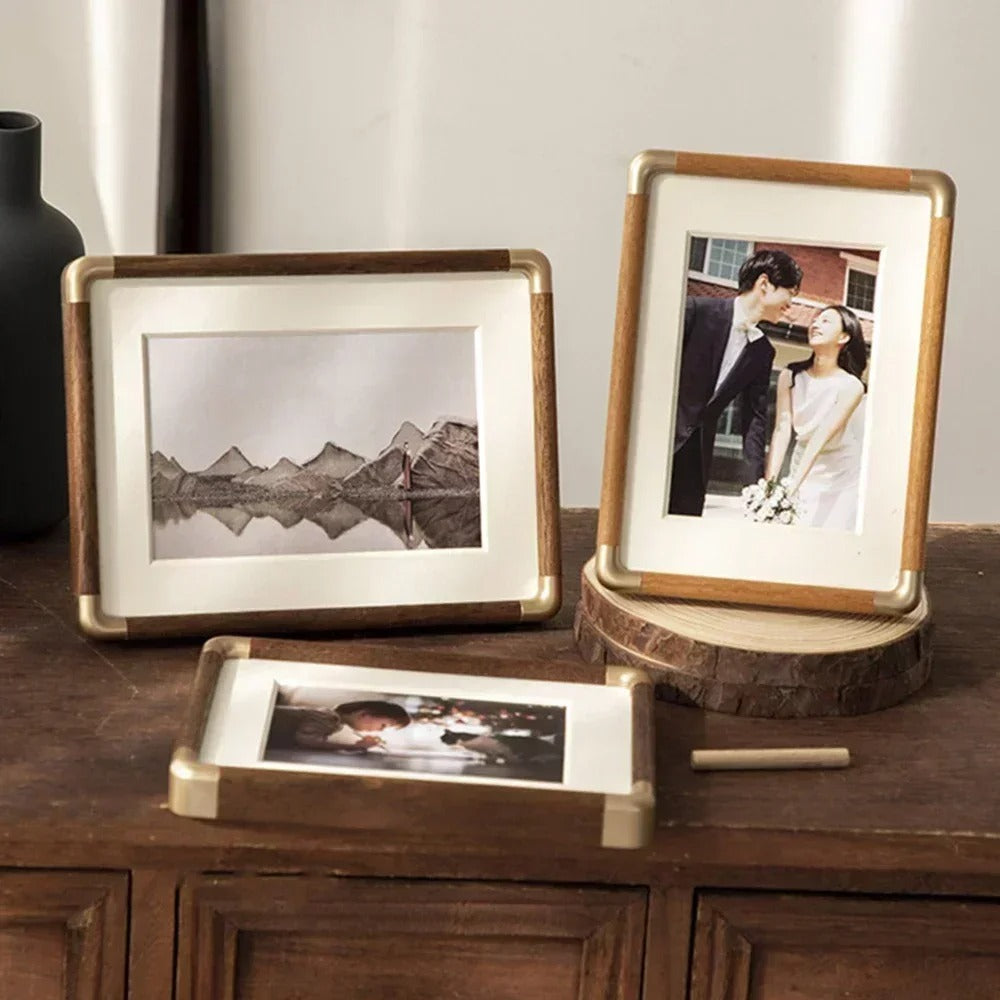 Elegant Wooden Photo Frame with Brass Accents | Vintage Design for Cherished Memories 1