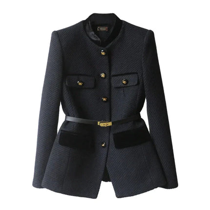 Womens Blazer Military Style, Tailored Blazer for Women in Wool Blend with Gold Buttons and Belt