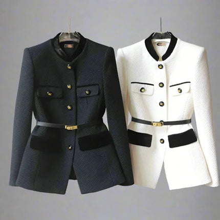 Womens Blazer Military Style, Tailored Blazer for Women in Wool Blend with Gold Buttons and Belt, Wool Blazer Women