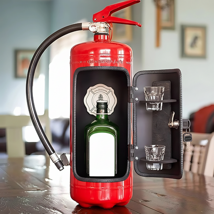 Industrial Mini Bar Cabinet with Handmade Metal Design | Unique Fire Extinguisher Style for Home Entertaining