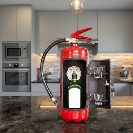 Industrial Mini Bar Cabinet with Handmade Metal Design | Unique Fire Extinguisher Style for Home Entertaining