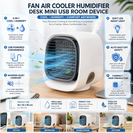 Mini USB Air Cooler Humidifier with LED Light | Compact 2-in-1 Device for Desk Comfort and Moisture