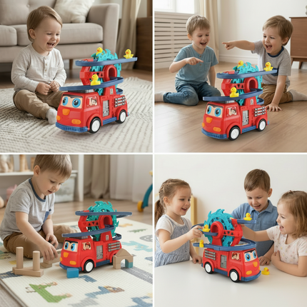 Fire Truck Toy with Duck Slide Track and Lights | Interactive Learning Play for Kids