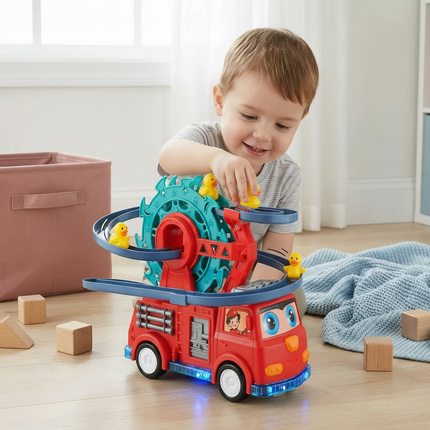 Fire Truck Toy with Duck Slide Track and Lights | Interactive Learning Play for Kids