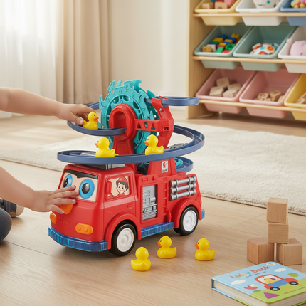 Fire Truck Toy with Duck Slide Track and Lights | Interactive Learning Play for Kids