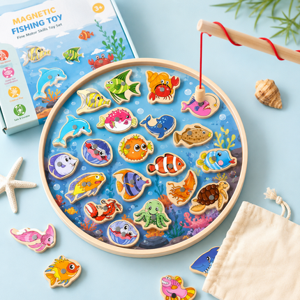 Magnetic Fishing Toy Set with Colorful Wooden Sea Creatures | Fine Motor Skill Development for Kids