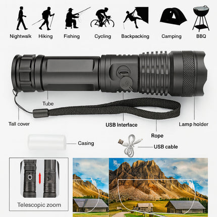Rechargeable LED Flashlight with 90000 Lumens Brightness | Waterproof Handheld Light for Outdoor Adventures