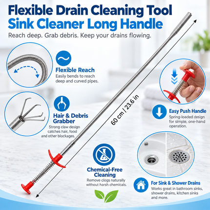 Flexible Drain Cleaning Tool with Long Handle, Shower Drain Unclogger Tool, Hair Drain Remover, Plumbing Tool for Sinks_04