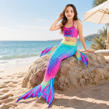 Girls Mermaid Swimsuit Set with Swim Tail Design | Fun Three-Piece Costume for Beach and Dress-Up Play
