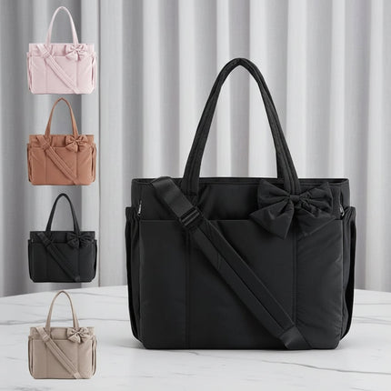 Lightweight Nylon Tote Bag for Women with Bow Detail | Stylish Work & Travel Handbag with Zipper Closure