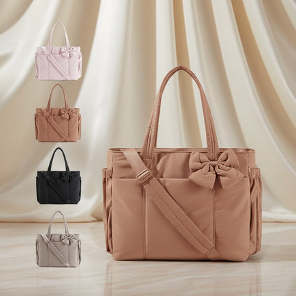 Lightweight Nylon Tote Bag for Women with Bow Detail | Stylish Work & Travel Handbag with Zipper Closure