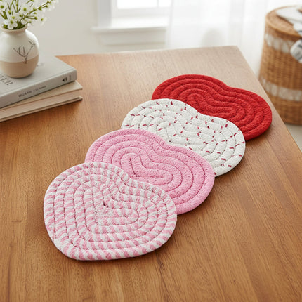 Heart-Shaped Table Coasters with Woven Polyester Design | Heat Resistant Mats for Stylish Drink Protection