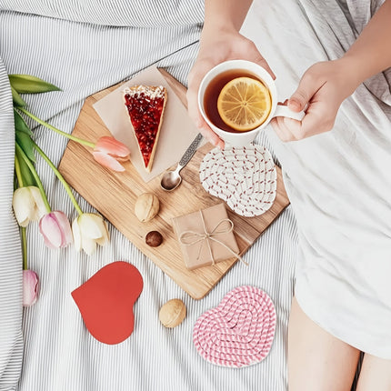 Heart-Shaped Table Coasters with Woven Polyester Design | Heat Resistant Mats for Stylish Drink Protection